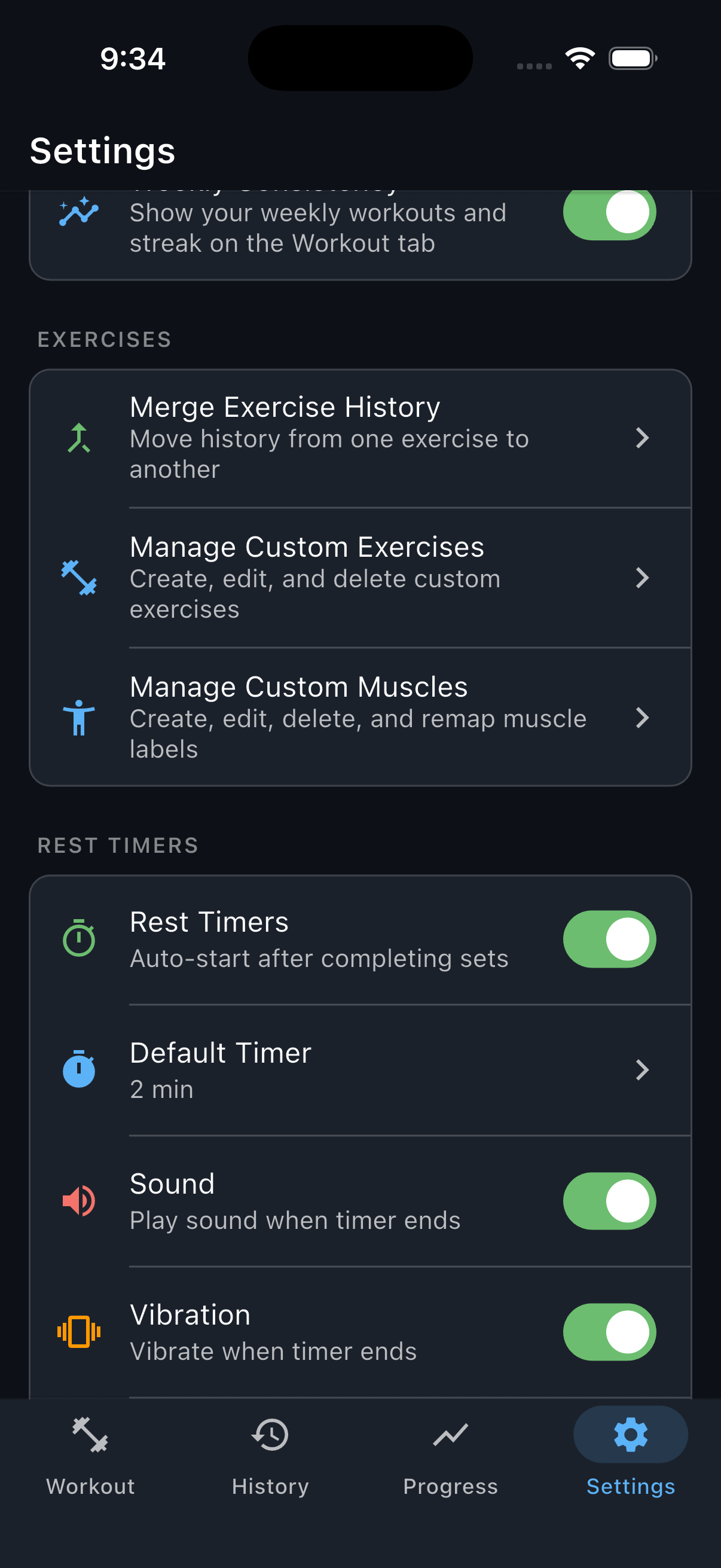 Reps Settings scrolled to the Exercises section, with Manage Custom Muscles highlighted.