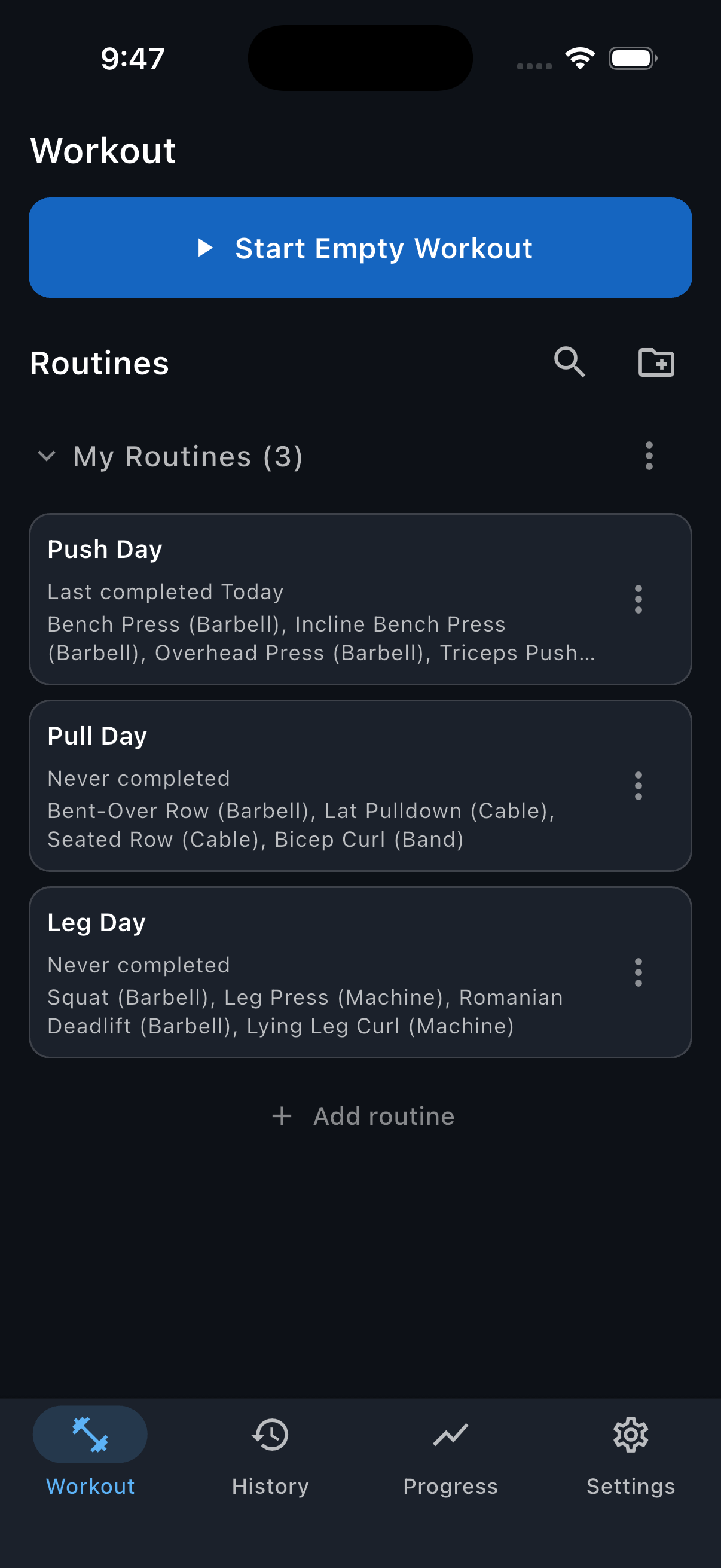 The Workout tab with Push Day, Pull Day, and Leg Day saved under My Routines and the folder-plus control for creating a program highlighted.