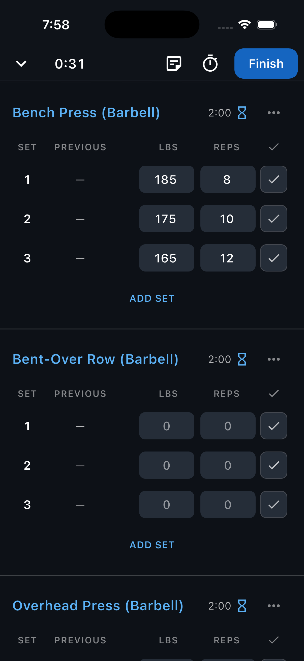 An active strength workout with Bench Press, Bent-Over Row, and Overhead Press, with the two-minute rest timer beside Bench Press highlighted.