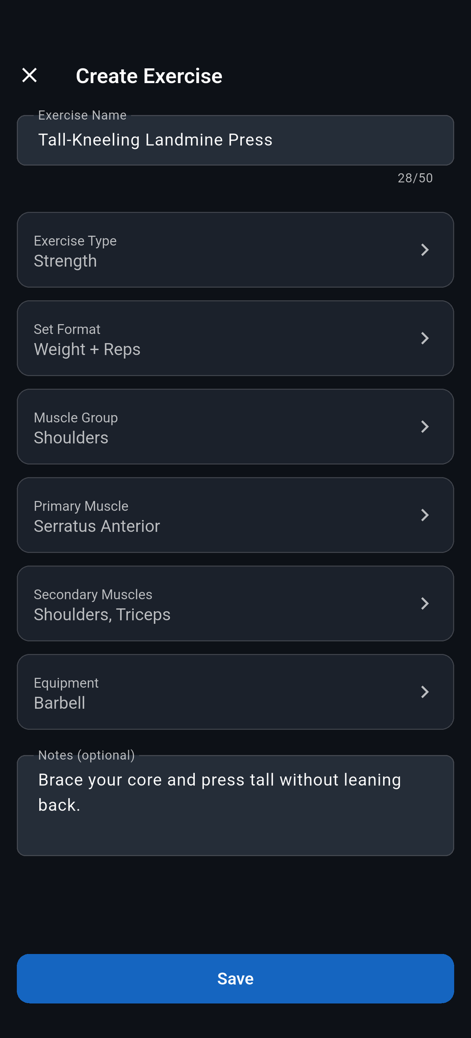 Reps create custom exercise screen with exercise name, muscle groups, and equipment