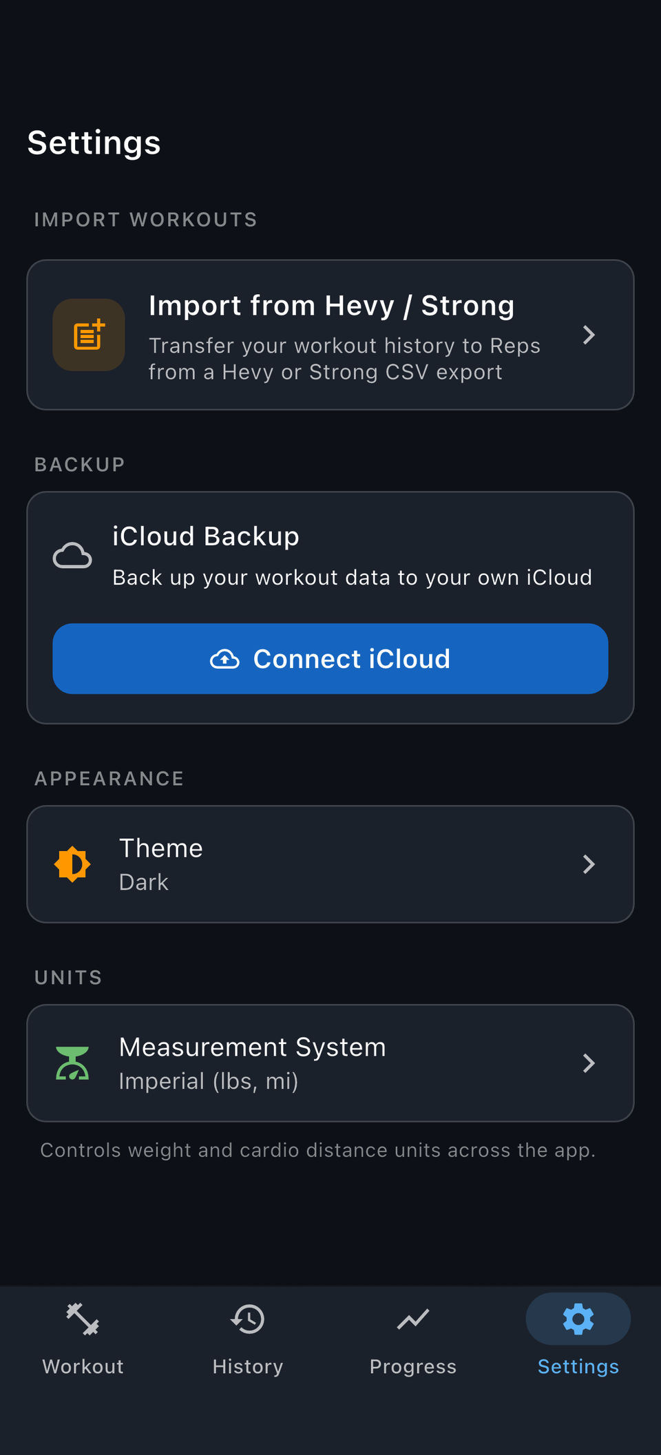 Reps settings with import from Strong or Hevy and backup to your own cloud