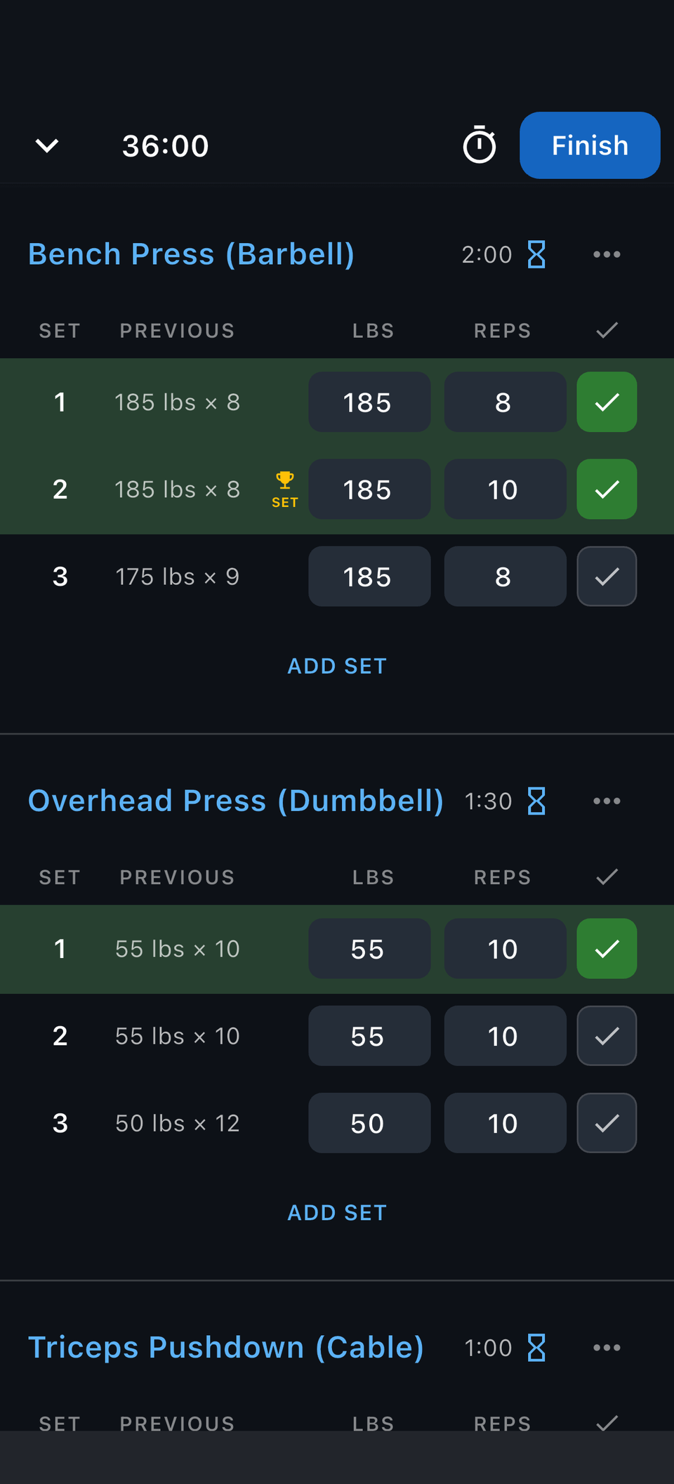 Reps active workout screen logging sets, reps, and weight