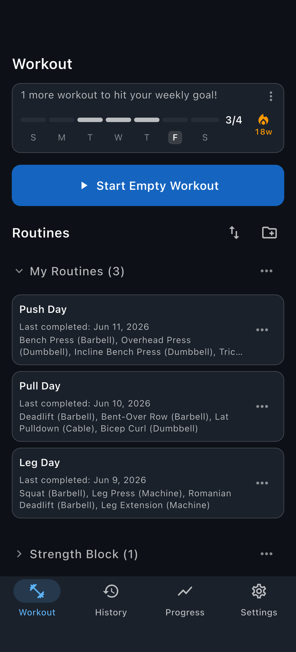 Reps workout screen showing saved routines ready to start