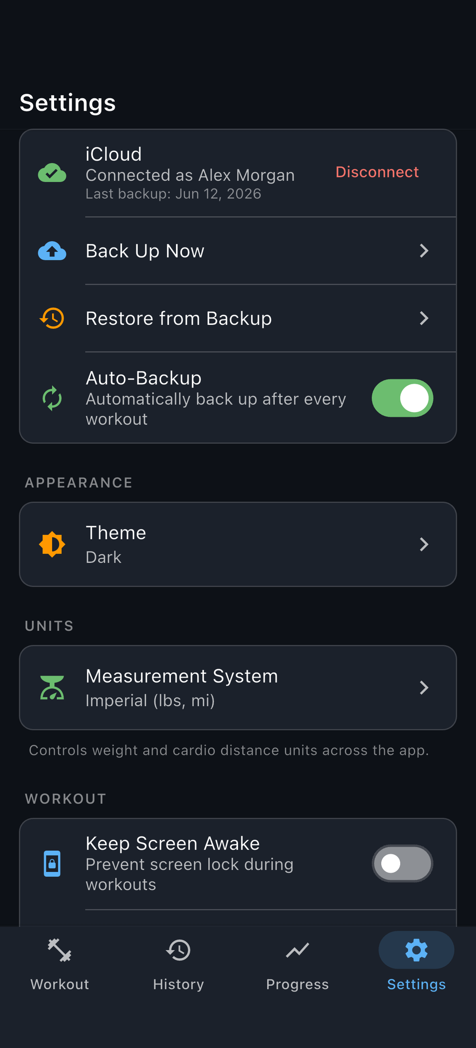 Reps connected to iCloud with auto-backup after every workout