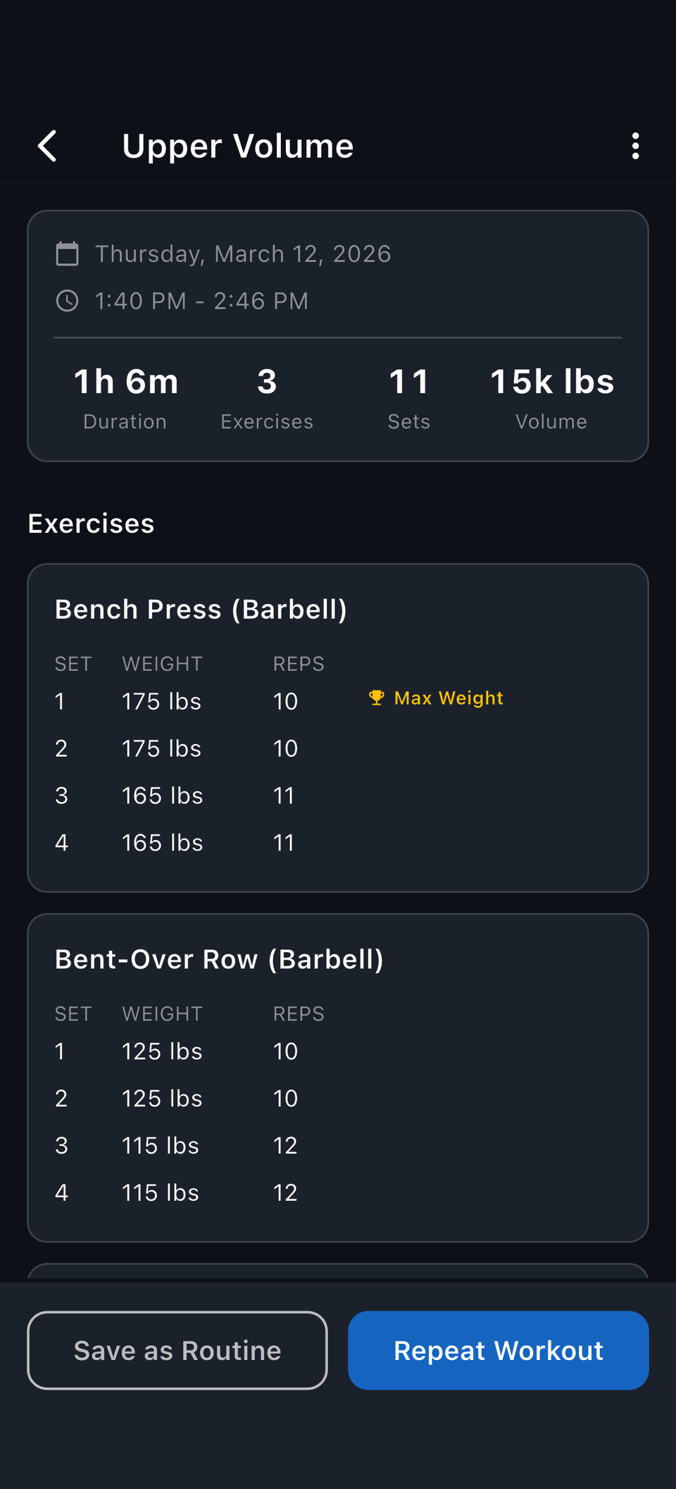Reps workout detail with duration, exercises, sets, and session volume totals