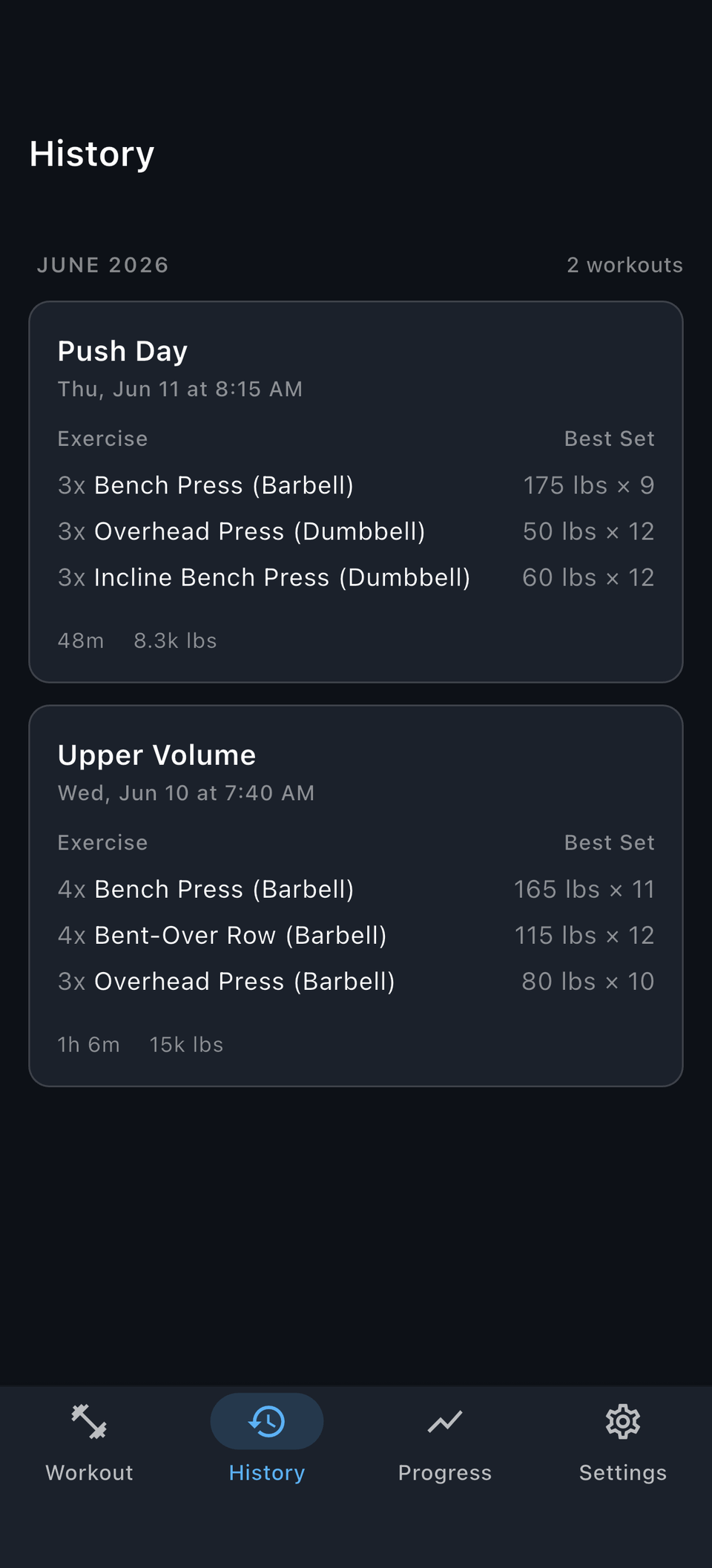 Reps history tab listing completed workouts by month with best sets and volume