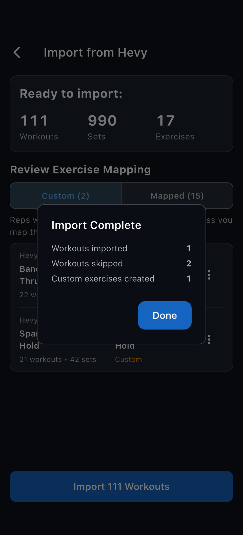 Reps import complete dialog summarizing workouts imported, skipped, and custom exercises created