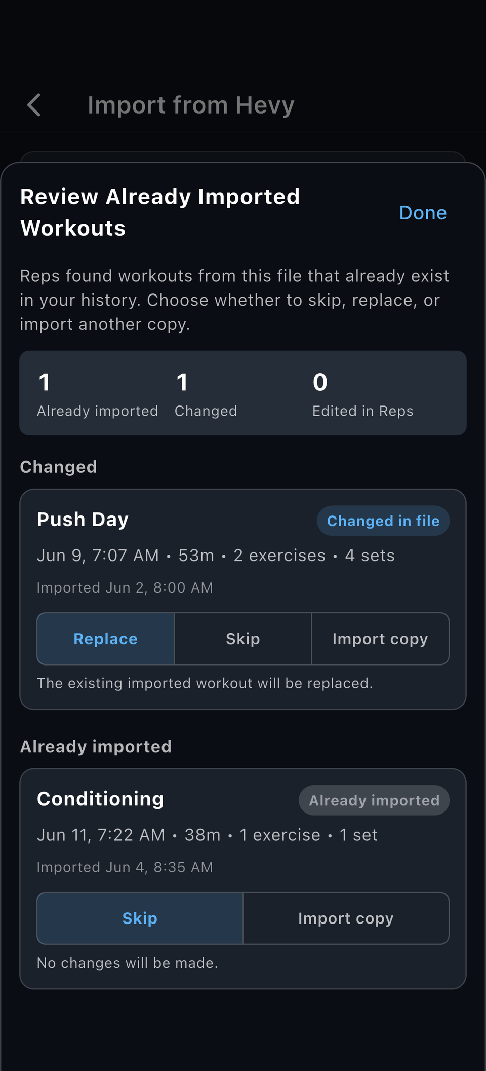 Reps duplicate review sheet with replace, skip, and import copy choices per workout
