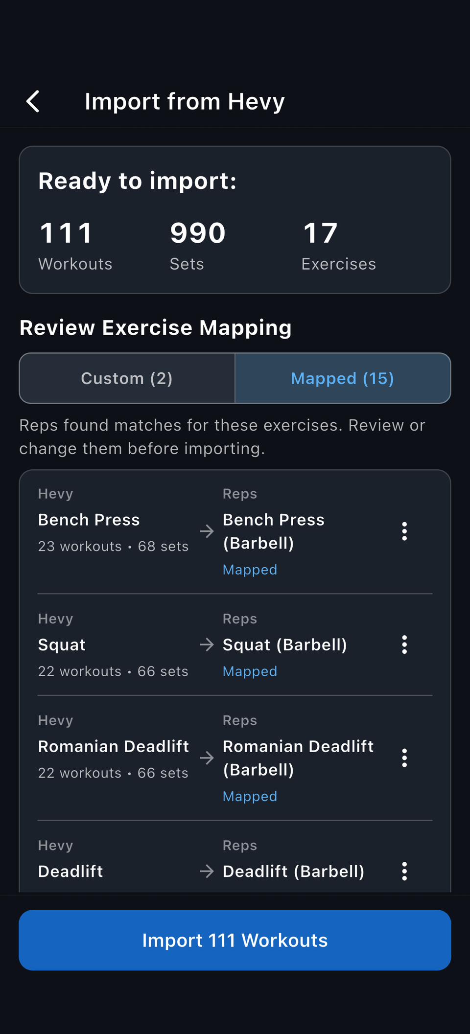 Reps mapping Hevy exercises like Squat and Romanian Deadlift onto its own library