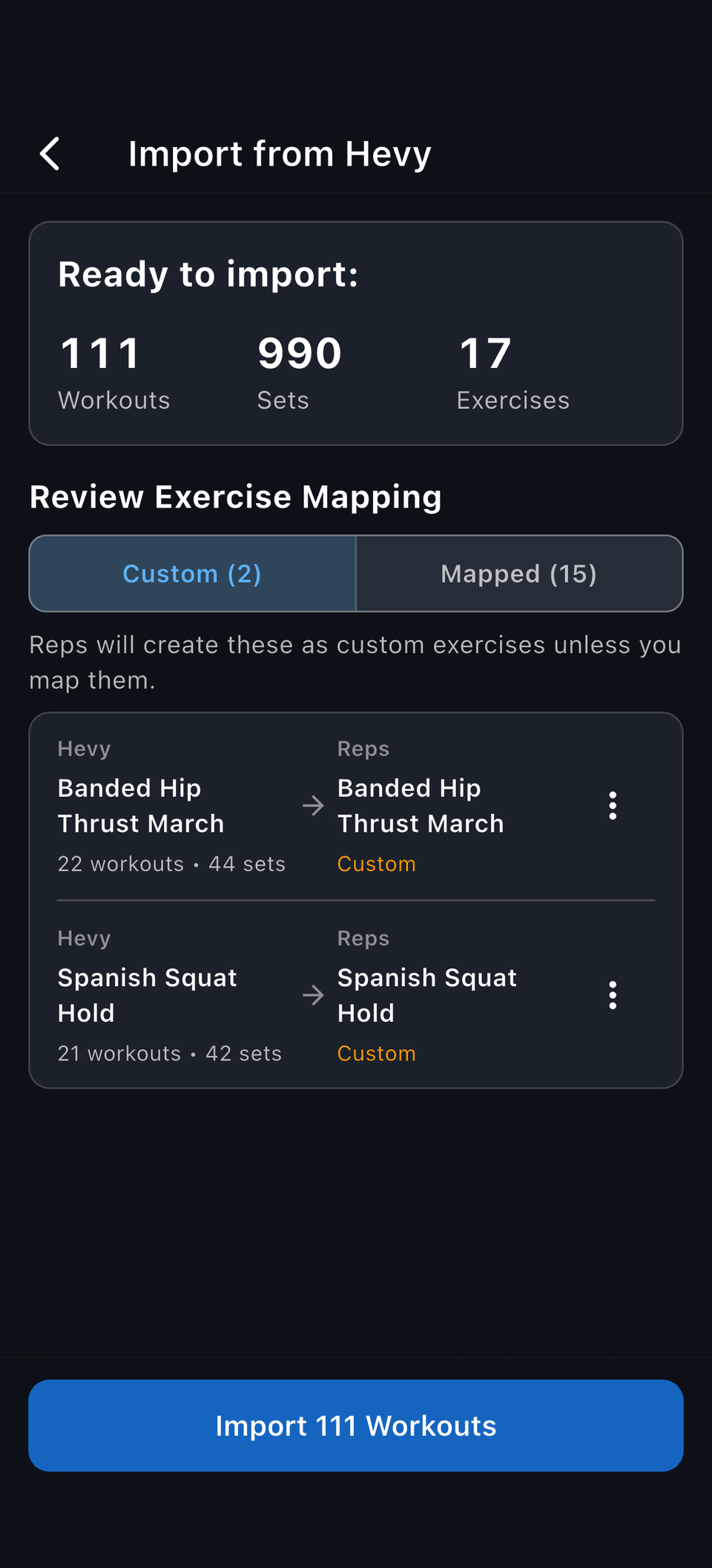 Reps Import from Hevy preview with 111 workouts ready to import