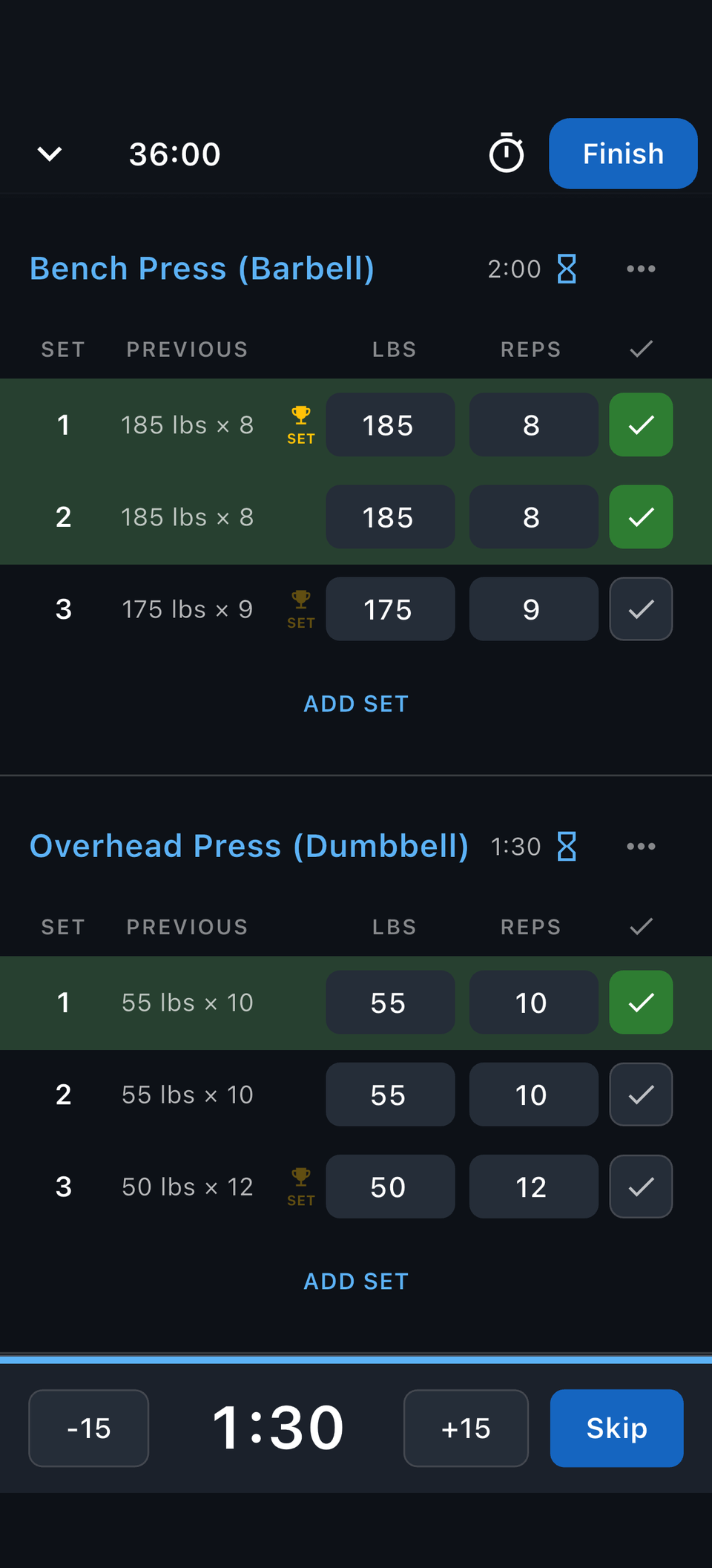 Reps mid-workout with sets checked off and a rest timer counting down at the bottom