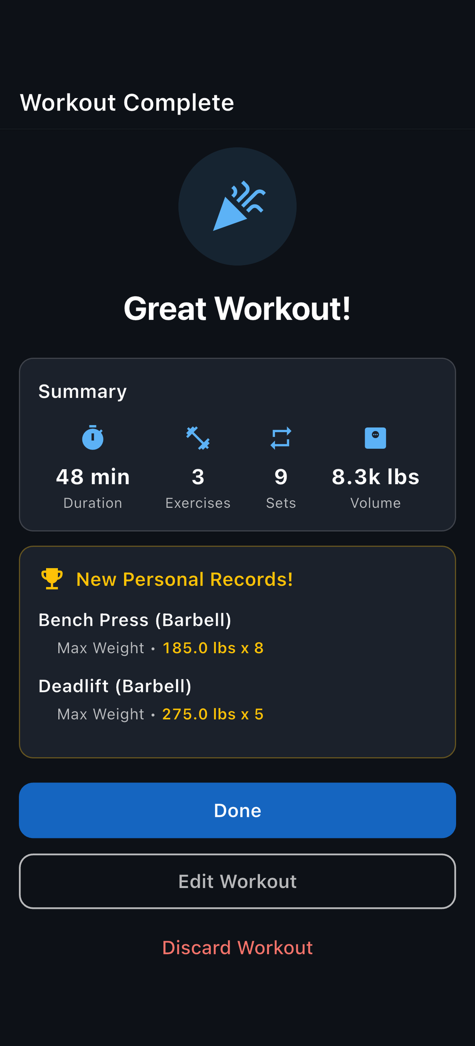 Reps workout summary calling out new max weight PRs for two lifts